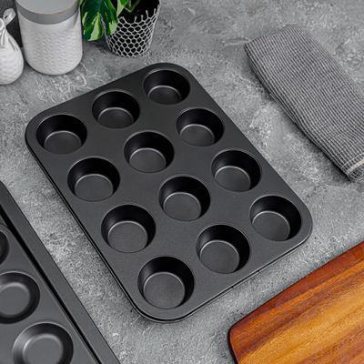 Royalford Non-stick Bakeware Set, Includes Non-stick Bun Pan, Cookie Sheet / Baking Sheet & 12Pcs Muffin Pan / Cupcake Pan - 3 Piece, Latte Brown with Comfortable Handle 