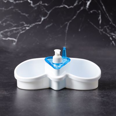 Royalford 2-in-1 Sink Organizer- RF10977| Provides Space for Brush Holder, Sponge Holder, Soap Dispenser Compartment and Ring bracket| Break-Resistant, Light-Weight, Durable and Stylish Construction| Perfect for Bathroom, Kitchen| Blue and White