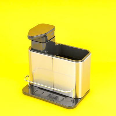 Royalford Sink Caddy- RF12242| Versatile Refillable Dispenser for Liquid Soap, Innovative Design with Sponge, Scrubber Holder| Effortless Dispensing, Perfect For Kitchen Use| Silver and black