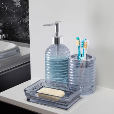 Royalford Bathroom Accessories Set-RF12311/ Includes Soap Tray, Liquid Dispenser and Toothbrush Holder/ Versatile Refillable Dispensers, Aesthetic Design, Multipurpose One Hand Use for Bathroom Washbasin/ Grey