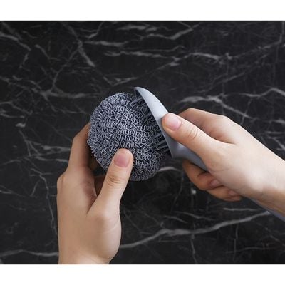 Dish Scrubber, Terylene Fiber Ball, 1 long handle, 2 balls | RF10550 | Scouring Pads Round Dish Pads | Scrubber Pad Used for Dishes, Pots, Pans, and Ovens | 2 Cleaning Balls | Mesh Scrubbers for Kitchen