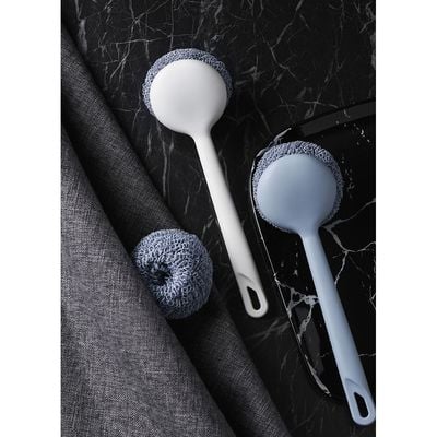 Dish Scrubber, Terylene Fiber Ball, 1 long handle, 2 balls | RF10550 | Scouring Pads Round Dish Pads | Scrubber Pad Used for Dishes, Pots, Pans, and Ovens | 2 Cleaning Balls | Mesh Scrubbers for Kitchen