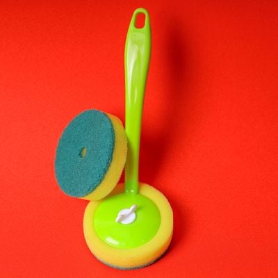 Royalford Royalbright 24 CM Long Handle Brush- 1 pad extra | RF10642 | Scrubbing Brush with Long Handle| Multi-Purpose Brush for Cleaning Kitchen and Bathroom| Superior Quality Cleaning Brush| Easy Cleaning Brush| Strong and Comfortable Grip| Cleaning Supplies| Green and Yellow| One-Piece