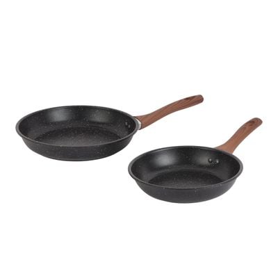 Royalford 2 Piece Frypan Set- RF12598/ 22 cm and 26 cm, Strong Carbon Steel Body with Nonstick Marble Coating and Heat Resistant Handle/ Compatible with Hot Plate, Halogen, Ceramic and Gas Stovetops/ Perfect for Frying, Sauting, Tempering/ Black 