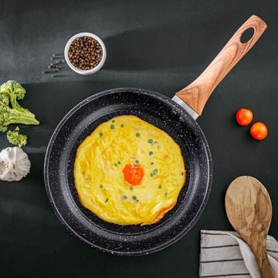 Royalford 2 Piece Frypan Set- RF12598/ 22 cm and 26 cm, Strong Carbon Steel Body with Nonstick Marble Coating and Heat Resistant Handle/ Compatible with Hot Plate, Halogen, Ceramic and Gas Stovetops/ Perfect for Frying, Sauting, Tempering/ Black 