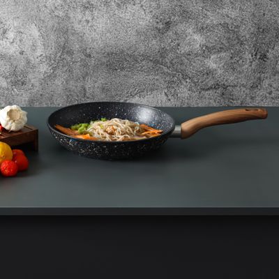 Royalford 30 cm Multistone Frypan- RF12014/ Strong Forged Aluminum Body with Granite Coating and Heat Resistant Wooden Finish Handle/ Induction Bottom, Compatible with Hot Plate, Halogen, Ceramic and Gas Stovetops/ Perfect for Frying, Sauting, Tempering/ Black and Brown 