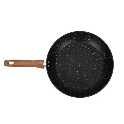 Royalford 30 cm Multistone Frypan- RF12014/ Strong Forged Aluminum Body with Granite Coating and Heat Resistant Wooden Finish Handle/ Induction Bottom, Compatible with Hot Plate, Halogen, Ceramic and Gas Stovetops/ Perfect for Frying, Sauting, Tempering/ Black and Brown 