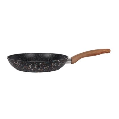 Royalford 24 cm Multistone Frypan- RF12011/ Strong Forged Aluminum Body with Granite Coating and Heat Resistant Wooden Finish Handle/ Induction Bottom, Compatible with Hot Plate, Halogen, Ceramic and Gas Stovetops/ Perfect for Frying, Sauting, Tempering/ Black and Brown 