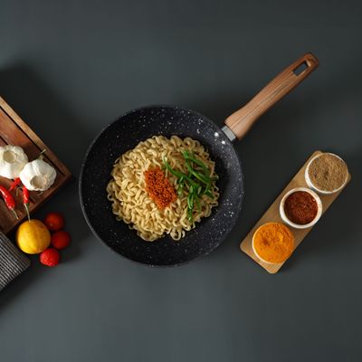 Royalford 24 cm Multistone Frypan- RF12011/ Strong Forged Aluminum Body with Granite Coating and Heat Resistant Wooden Finish Handle/ Induction Bottom, Compatible with Hot Plate, Halogen, Ceramic and Gas Stovetops/ Perfect for Frying, Sauting, Tempering/ Black and Brown 