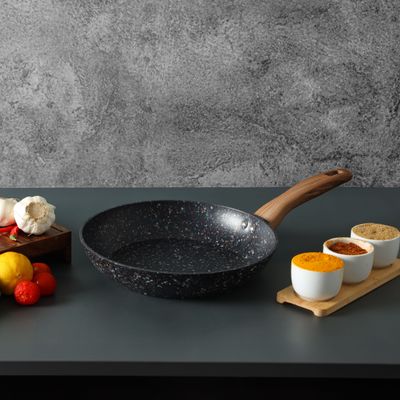 Royalford 28 cm Multistone Frypan- RF12013/ Strong Forged Aluminum Body with Granite Coating and Heat Resistant Wooden Finish Handle/ Induction Bottom, Compatible with Hot Plate, Halogen, Ceramic and Gas Stovetops/ Perfect for Frying, Sauting, Tempering/ Black and Brown 