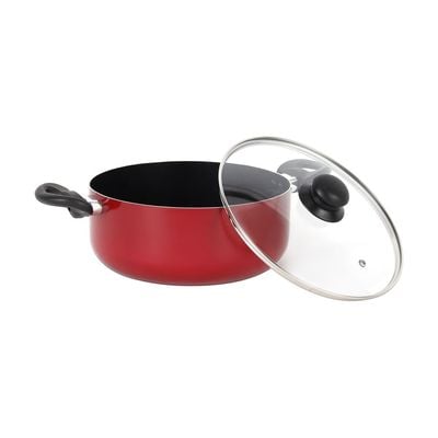 Royalford 3 Piece Nonstick Cookware Set- RF12597/ Strong Aluminum Body with Non-Stick Coating Interior and Bakelite Handle/ Includes a Casserole with Tempered Glass Lid and a Frypan, Compatible with Hot Plate, Halogen, Ceramic and Gas Stovetops/ Perfect for Frying, Sauting, Tempering/ Black and Red