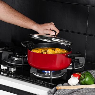 Royalford 3 Piece Nonstick Cookware Set- RF12597/ Strong Aluminum Body with Non-Stick Coating Interior and Bakelite Handle/ Includes a Casserole with Tempered Glass Lid and a Frypan, Compatible with Hot Plate, Halogen, Ceramic and Gas Stovetops/ Perfect for Frying, Sauting, Tempering/ Black and Red