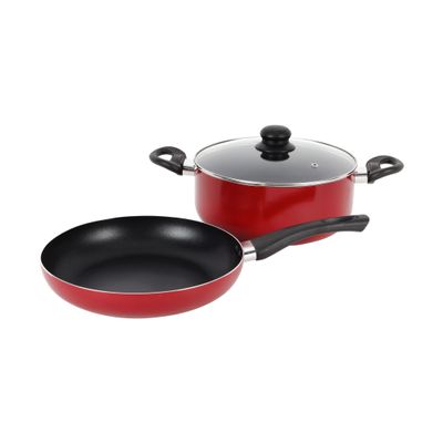 Royalford 3 Piece Nonstick Cookware Set- RF12597/ Strong Aluminum Body with Non-Stick Coating Interior and Bakelite Handle/ Includes a Casserole with Tempered Glass Lid and a Frypan, Compatible with Hot Plate, Halogen, Ceramic and Gas Stovetops/ Perfect for Frying, Sauting, Tempering/ Black and Red