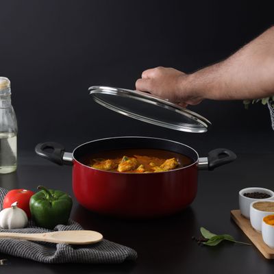 Royalford 3 Piece Nonstick Cookware Set- RF12597/ Strong Aluminum Body with Non-Stick Coating Interior and Bakelite Handle/ Includes a Casserole with Tempered Glass Lid and a Frypan, Compatible with Hot Plate, Halogen, Ceramic and Gas Stovetops/ Perfect for Frying, Sauting, Tempering/ Black and Red