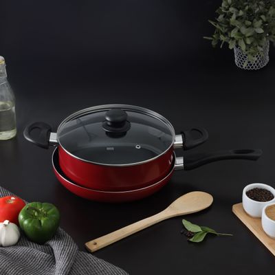 Royalford 3 Piece Nonstick Cookware Set- RF12597/ Strong Aluminum Body with Non-Stick Coating Interior and Bakelite Handle/ Includes a Casserole with Tempered Glass Lid and a Frypan, Compatible with Hot Plate, Halogen, Ceramic and Gas Stovetops/ Perfect for Frying, Sauting, Tempering/ Black and Red