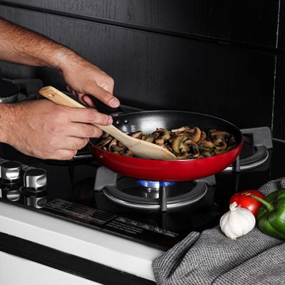 Royalford 3 Piece Nonstick Cookware Set- RF12597/ Strong Aluminum Body with Non-Stick Coating Interior and Bakelite Handle/ Includes a Casserole with Tempered Glass Lid and a Frypan, Compatible with Hot Plate, Halogen, Ceramic and Gas Stovetops/ Perfect for Frying, Sauting, Tempering/ Black and Red