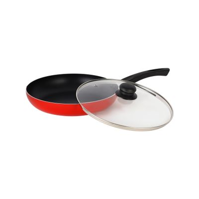 Royalford 26 CM Aluminum Fry Pan- RF11977| With Tempered Glass Lid, Strong Aluminum Body With Non-Stick Coating And Bakelite Handle| Compatible With Hot Plate, Halogen, Ceramic And Gas Stovetops| Perfect For Frying, Sauting, Tempering| Red