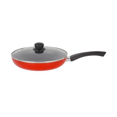 Royalford 26 CM Aluminum Fry Pan- RF11977| With Tempered Glass Lid, Strong Aluminum Body With Non-Stick Coating And Bakelite Handle| Compatible With Hot Plate, Halogen, Ceramic And Gas Stovetops| Perfect For Frying, Sauting, Tempering| Red