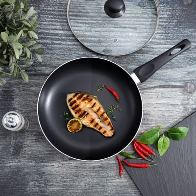 Royalford 26 CM Aluminum Fry Pan- RF11977| With Tempered Glass Lid, Strong Aluminum Body With Non-Stick Coating And Bakelite Handle| Compatible With Hot Plate, Halogen, Ceramic And Gas Stovetops| Perfect For Frying, Sauting, Tempering| Red