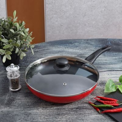 Royalford 26 CM Aluminum Fry Pan- RF11977| With Tempered Glass Lid, Strong Aluminum Body With Non-Stick Coating And Bakelite Handle| Compatible With Hot Plate, Halogen, Ceramic And Gas Stovetops| Perfect For Frying, Sauting, Tempering| Red