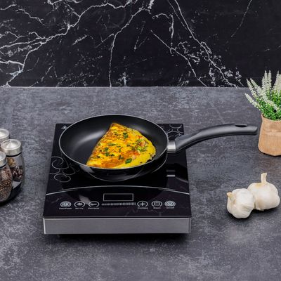 Royalford 24 CM Aluminum Fry Pan- RF11666| Strong Aluminum Body With Non-Stick Coating And Bakelite Handle| Heat Resistant Exterior, Compatible With Hot Plate, Halogen, Ceramic And Gas Stovetops| Perfect For Frying, Sauting, Tempering| Black