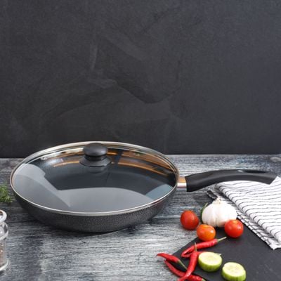 Royalford 30 CM Aluminum Fry Pan- RF11979| With Tempered Glass Lid, Strong Aluminum Body With Non-Stick Coating And Bakelite Handle| Compatible With Hot Plate, Halogen, Ceramic And Gas Stovetops| Perfect For Frying, Sauting, Tempering| Red