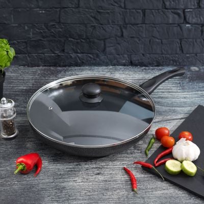 Royalford 30 CM Aluminum Fry Pan- RF11979| With Tempered Glass Lid, Strong Aluminum Body With Non-Stick Coating And Bakelite Handle| Compatible With Hot Plate, Halogen, Ceramic And Gas Stovetops| Perfect For Frying, Sauting, Tempering| Red