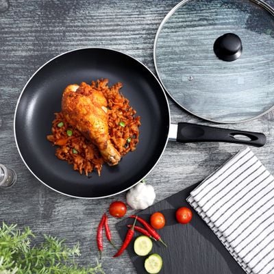 Royalford 30 CM Aluminum Fry Pan- RF11979| With Tempered Glass Lid, Strong Aluminum Body With Non-Stick Coating And Bakelite Handle| Compatible With Hot Plate, Halogen, Ceramic And Gas Stovetops| Perfect For Frying, Sauting, Tempering| Red