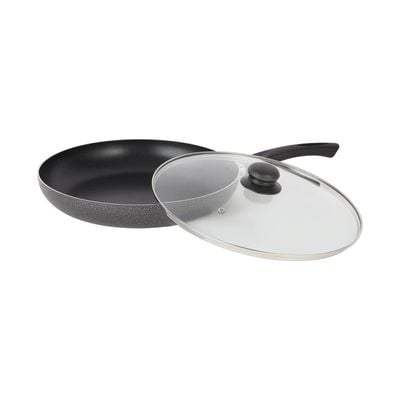 Royalford 30 CM Aluminum Fry Pan- RF11979| With Tempered Glass Lid, Strong Aluminum Body With Non-Stick Coating And Bakelite Handle| Compatible With Hot Plate, Halogen, Ceramic And Gas Stovetops| Perfect For Frying, Sauting, Tempering| Red