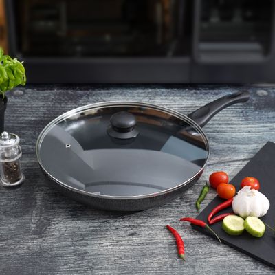 Royalford 28 CM Aluminum Fry Pan- RF11978| With Tempered Glass Lid, Strong Aluminum Body With Non-Stick Coating And Bakelite Handle| Compatible With Hot Plate, Halogen, Ceramic And Gas Stovetops| Perfect For Frying, Sauting, Tempering| Black