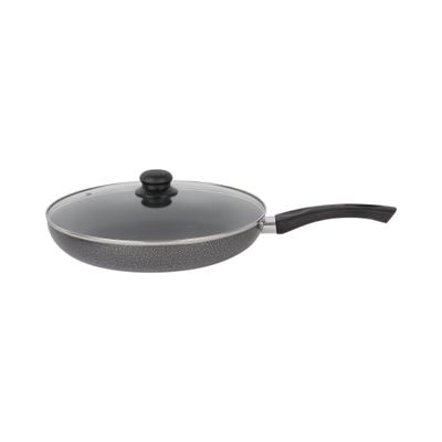 Royalford 28 CM Aluminum Fry Pan- RF11978| With Tempered Glass Lid, Strong Aluminum Body With Non-Stick Coating And Bakelite Handle| Compatible With Hot Plate, Halogen, Ceramic And Gas Stovetops| Perfect For Frying, Sauting, Tempering| Black