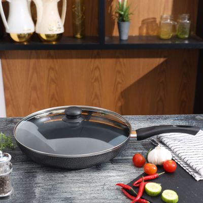 Royalford 28 CM Aluminum Fry Pan- RF11978| With Tempered Glass Lid, Strong Aluminum Body With Non-Stick Coating And Bakelite Handle| Compatible With Hot Plate, Halogen, Ceramic And Gas Stovetops| Perfect For Frying, Sauting, Tempering| Black