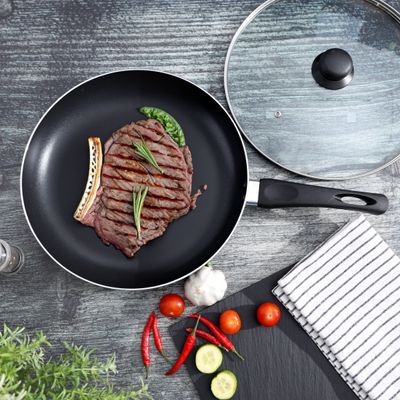 Royalford 28 CM Aluminum Fry Pan- RF11978| With Tempered Glass Lid, Strong Aluminum Body With Non-Stick Coating And Bakelite Handle| Compatible With Hot Plate, Halogen, Ceramic And Gas Stovetops| Perfect For Frying, Sauting, Tempering| Black