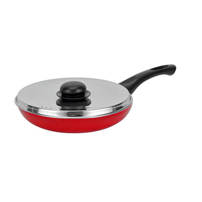 Royalford 20 cm Aluminum Nonstick Frypan with Stainless Steel Lid- RF12518/ Strong Body with 3 Layer Coating and Heat Resistant Bakelite Handle/ Not Compatible with Induction Stovetops/ Perfect for Frying, Sauting, Tempering/ Red