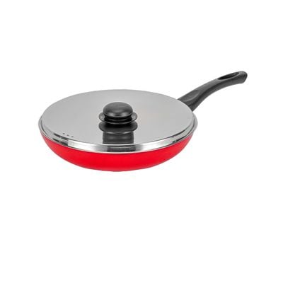 Royalford 24 cm Aluminum Nonstick Frypan with Stainless Steel Lid- RF12520/ Strong Body with 3 Layer Coating and Heat Resistant Bakelite Handle/ Perfect for Frying, Sauting, Tempering/ Red