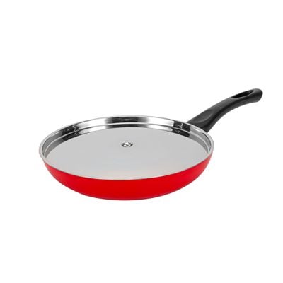 Royalford 24 cm Aluminum Nonstick Frypan with Stainless Steel Lid- RF12520/ Strong Body with 3 Layer Coating and Heat Resistant Bakelite Handle/ Perfect for Frying, Sauting, Tempering/ Red