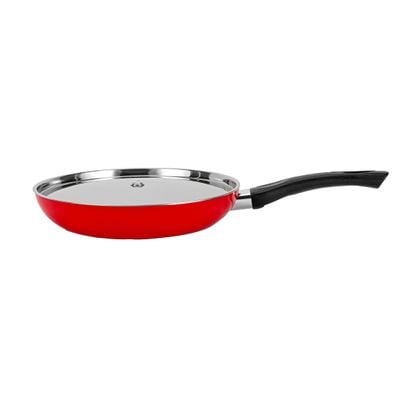 Royalford 24 cm Aluminum Nonstick Frypan with Stainless Steel Lid- RF12520/ Strong Body with 3 Layer Coating and Heat Resistant Bakelite Handle/ Perfect for Frying, Sauting, Tempering/ Red