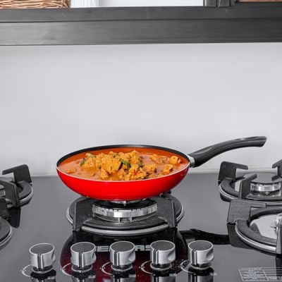 Royalford 24 cm Aluminum Nonstick Frypan with Stainless Steel Lid- RF12520/ Strong Body with 3 Layer Coating and Heat Resistant Bakelite Handle/ Perfect for Frying, Sauting, Tempering/ Red