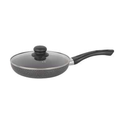 Royalford 20 CM Aluminum Fry Pan- RF11974| With Tempered Glass Lid, Strong Aluminum Body With Non-Stick Coating And Bakelite Handle| Compatible With Hot Plate, Halogen, Ceramic And Gas Stovetops| Perfect For Frying, Sauting, Tempering| Black