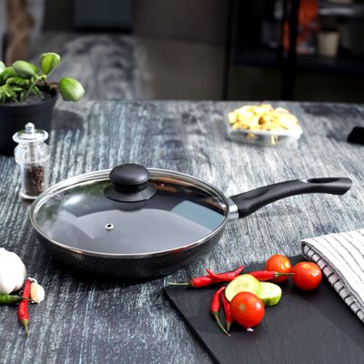 Royalford 20 CM Aluminum Fry Pan- RF11974| With Tempered Glass Lid, Strong Aluminum Body With Non-Stick Coating And Bakelite Handle| Compatible With Hot Plate, Halogen, Ceramic And Gas Stovetops| Perfect For Frying, Sauting, Tempering| Black