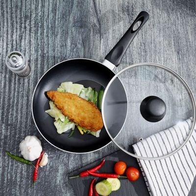 Royalford 20 CM Aluminum Fry Pan- RF11974| With Tempered Glass Lid, Strong Aluminum Body With Non-Stick Coating And Bakelite Handle| Compatible With Hot Plate, Halogen, Ceramic And Gas Stovetops| Perfect For Frying, Sauting, Tempering| Black