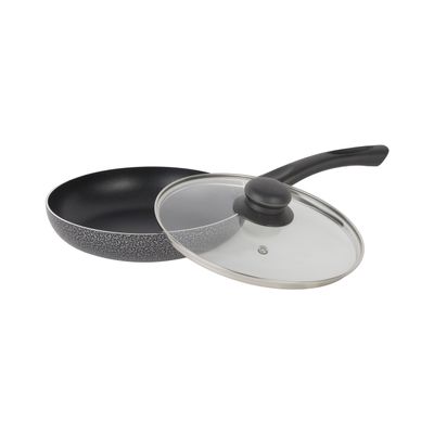 Royalford 22 CM Aluminum Fry Pan- RF11975| With Tempered Glass Lid, Strong Aluminum Body With Non-Stick Coating And Bakelite Handle| Compatible With Hot Plate, Halogen, Ceramic And Gas Stovetops| Perfect For Frying, Sauting, Tempering| Black