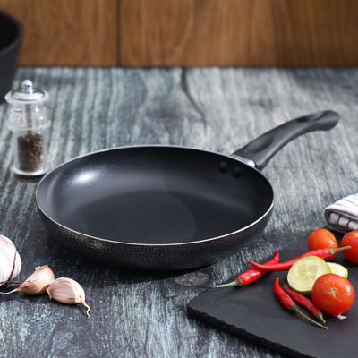 Royalford 22 CM Aluminum Fry Pan- RF11975| With Tempered Glass Lid, Strong Aluminum Body With Non-Stick Coating And Bakelite Handle| Compatible With Hot Plate, Halogen, Ceramic And Gas Stovetops| Perfect For Frying, Sauting, Tempering| Black