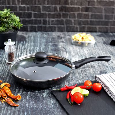 Royalford 22 CM Aluminum Fry Pan- RF11975| With Tempered Glass Lid, Strong Aluminum Body With Non-Stick Coating And Bakelite Handle| Compatible With Hot Plate, Halogen, Ceramic And Gas Stovetops| Perfect For Frying, Sauting, Tempering| Black