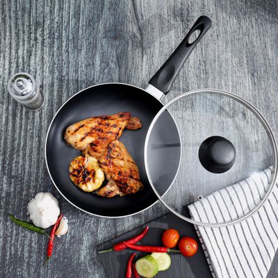 Royalford 22 CM Aluminum Fry Pan- RF11975| With Tempered Glass Lid, Strong Aluminum Body With Non-Stick Coating And Bakelite Handle| Compatible With Hot Plate, Halogen, Ceramic And Gas Stovetops| Perfect For Frying, Sauting, Tempering| Black