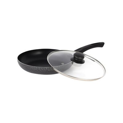 Royalford 24 CM Aluminum Fry Pan- RF11976| With Tempered Glass Lid, Strong Aluminum Body With Non-Stick Coating And Bakelite Handle| Compatible With Hot Plate, Halogen, Ceramic And Gas Stovetops| Perfect For Frying, Sauting, Tempering| Black