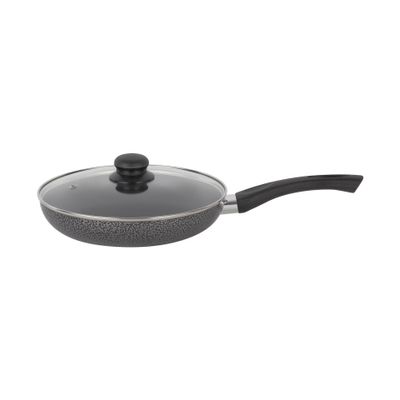 Royalford 24 CM Aluminum Fry Pan- RF11976| With Tempered Glass Lid, Strong Aluminum Body With Non-Stick Coating And Bakelite Handle| Compatible With Hot Plate, Halogen, Ceramic And Gas Stovetops| Perfect For Frying, Sauting, Tempering| Black