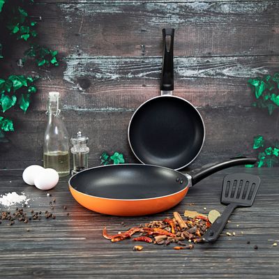 Royalford 3 Pieces 18 & 24 Cm Fry Pans with Nylon Turner - Portable with Cool Touch Handle 2 Layer Non-stick Coating Frying Pan Deluxe Value Set, Turner Included | Ideal for Grill Fry Roast Steam