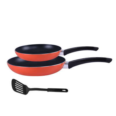 Royalford 3 Pieces 18 & 24 Cm Fry Pans with Nylon Turner - Portable with Cool Touch Handle 2 Layer Non-stick Coating Frying Pan Deluxe Value Set, Turner Included | Ideal for Grill Fry Roast Steam