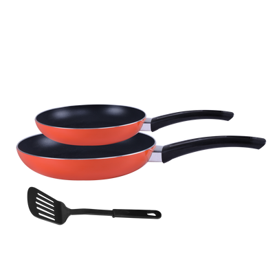 Royalford 3 Pieces 18 & 24 Cm Fry Pans with Nylon Turner - Portable with Cool Touch Handle 2 Layer Non-stick Coating Frying Pan Deluxe Value Set, Turner Included | Ideal for Grill Fry Roast Steam